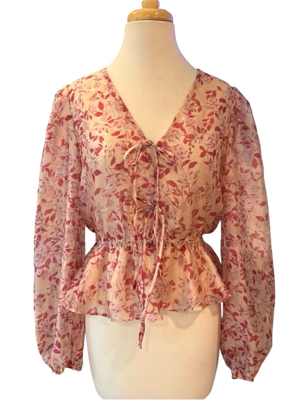 Lucy Paris Ivey Floral Tie-Front Peplum Top Pink Size Medium NWT